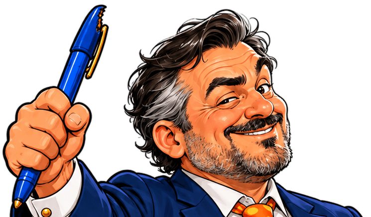 Gumercindo Canetada, político fictício de terno azul-marinho e gravata laranja de bolinhas, erguendo uma caneta azul